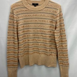 Women's J Crew wool blend tan and gold sequin crew neck sweater merino wool